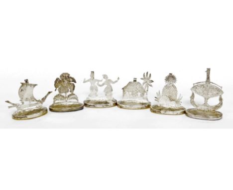 A set of six Eastern inspired name place holders, in silver coloured metal, stamped with a crown and the figure 16, to includ