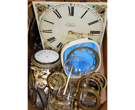 Various clock and watch parts, to include a plastic dome, mantel clock parts, a J Evans Welshpool eight day movement longcase