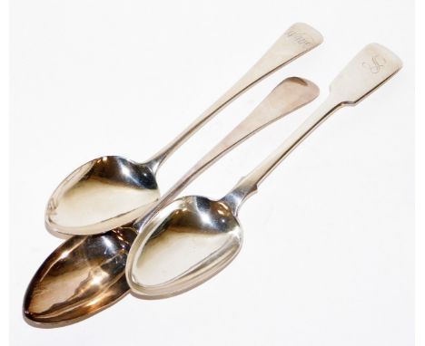 Three 19thC silver serving spoons, to include one bearing initial S, London 1869, another bearing initials WMH, London 1813, 