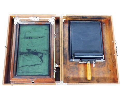 An Ellams cased diaphragm model printing press, with roller and boards, in carry case, 36cm high, 51cm wide, 16cm deep. 