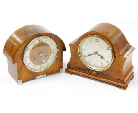 Two Art Deco style clocks, to include a walnut cased Art Deco mantel clock stamped KY, with partially wood and silvered dial,