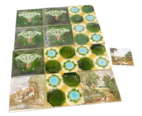 A group of Art Nouveau style and other wall tiles, to include a set of six green Art Nouveau tiles, a set of five four box de