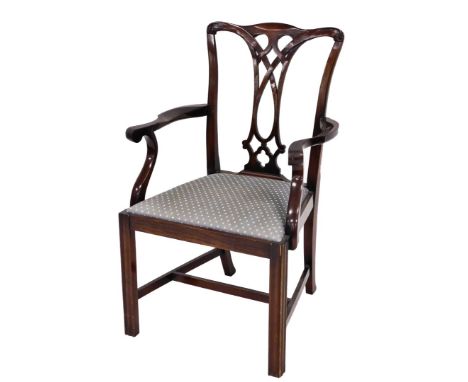 A George III style Chippendale type mahogany armchair, with a drop in blue upholstered seat, 100cm high, 50cm deep. 