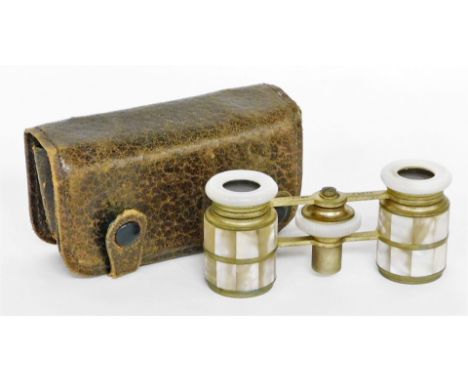 A pair of gilt metal opera glasses, with Mother of Pearl body, on brass frame stamped Defaisine, Paris, in carry case with mi