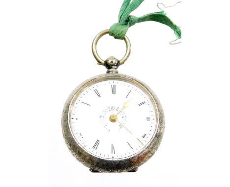 A Continental silver fob watch, with white enamel dial, with applied floral detailing, in an embossed silver outer case, key 