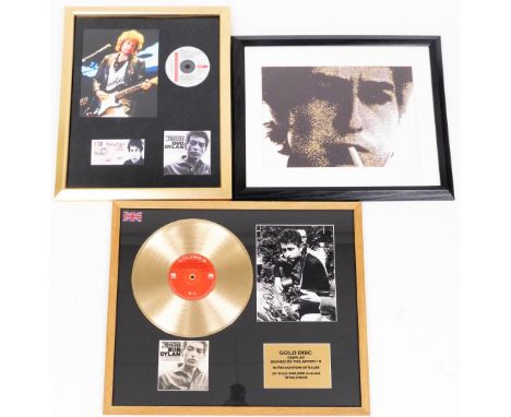 Three Bob Dylan wall art pictures, comprising one with photograph Bob Dylan The Times They Are A Changin CD, note and book fr