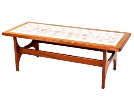A Slabbed Room by Stonehill tile top table, on a teak base with various floral inset tile panels, 41cm high, 120cm wide, 50cm