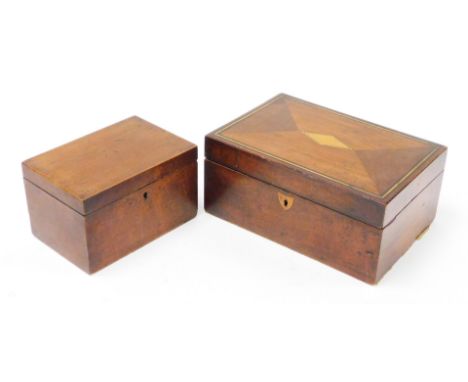 Two 19thC wooden boxes, to include a wooden tea caddy with two tea caddy lids, with bone handles, with plain outer design, 11