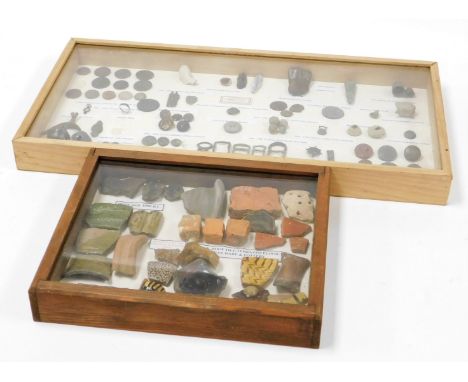 Two display cases, with contents of architectural finds, Military buttons, musket balls, etc. (2 cases) 