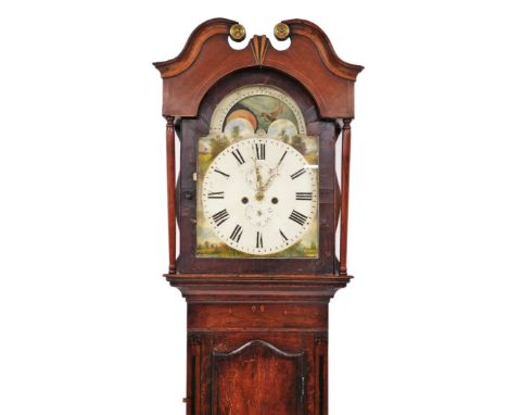 An oak cased longcase clock, with a painted dial with moon phase, eight day striking movement, arched top, on a reeded and fl