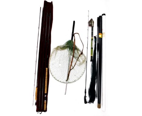 A group of fishing equipment, to include a power light by Keenets net handle 1.5m, a landing net, a Mitchell pack hook, a Pen