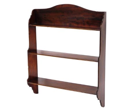 A mahogany hanging wall shelf, three shelf design, 80cm high, 61cm wide, 17cm deep. 