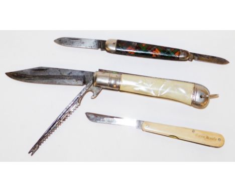 Three pen knives, to include a tartan effect and stainless steel pen knife, a corn knife in ivory casing and a stainless stee