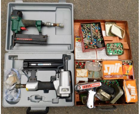 Pneumatic staple guns, including Ferm NSF-170 and Parkside PDT40A1, and Spitmatic manual cartridge gun.
