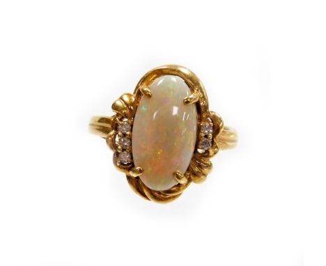 An opal and diamond dress ring, the oval opal in four claw setting with rococo scroll bordering and diamond set shoulders, wi