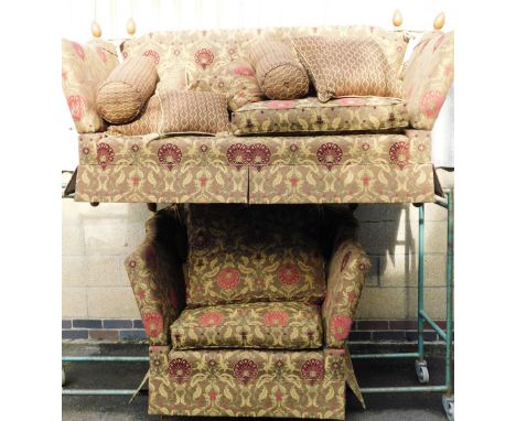 A Knole style two seater sofa, with brown material finish with floral decoration, together with an additional chair, the sofa