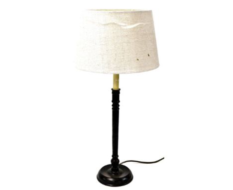 A modern metal finish table lamp, on column supports with cream shade, 65cm high.