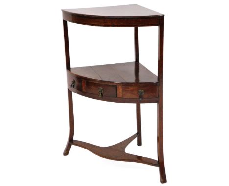 A 19thC mahogany corner wash stand, with shelf top and second tier shelf with single drawer, on splayed base, 80cm high, 54cm