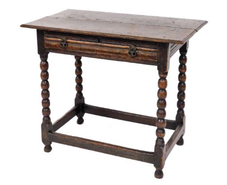 A late 18th/early 19thC oak side table, with single drawer with cutlery compartment conversion, on bobbin turned supports and