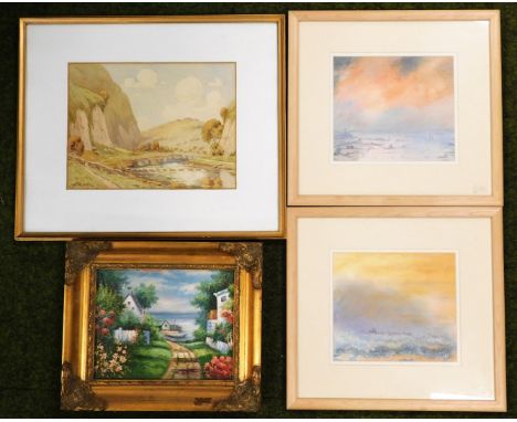 A group of framed pictures and prints, to include oil on canvas Continental seascape, H Perrins watercolour, and two watercol