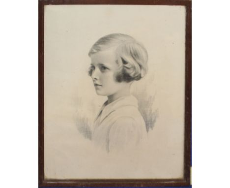 English School (20th century), Head and shoulders portrait of a young girl, pencil drawing, 37 x 29cm  
