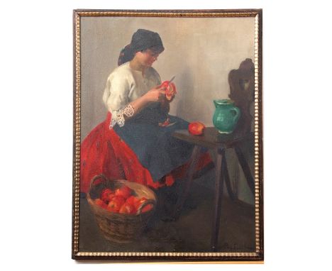 Emil Pap (1884-1949), The Apple Peeler, oil on canvas, signed lower right, 78 x 57cm