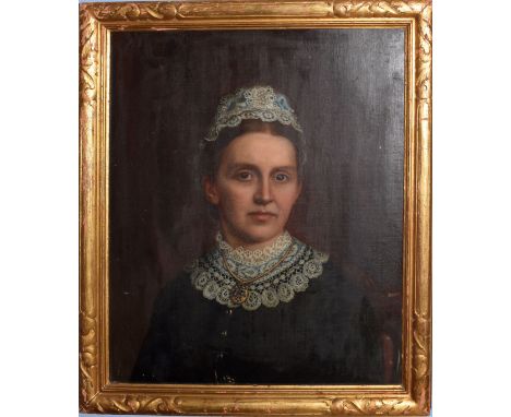 English School (19th century), Portrait of a lady wearing lace bonnet and collar, oil on board, 60 x 50cm