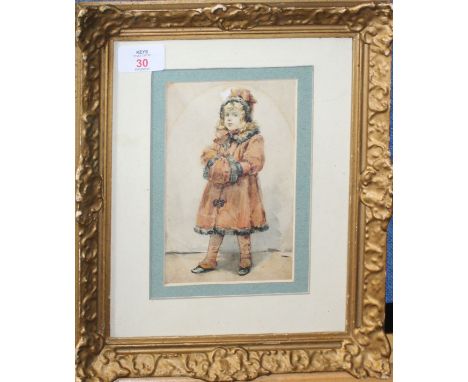 English School (19th century), Portrait of a young girl with hand warmer, watercolour, 16 x 10cm