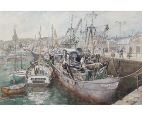 •AR WILLIAM CARTLEDGE, RI, FRSA, RSMA (1891-1976) "Trawlers in the Canada Basin, Dieppe" watercolour, signed and dated 1957 l