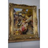 Oil on canvas of a boating scene, Cambridge, in gilt frame