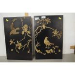 Two wooden panels, Japanese with moulded decoration in relief of birds, both with seal mark, 46 x