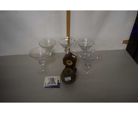 Group of five dessert glasses together with small mantel clock and Stuart pottery bowl and cover