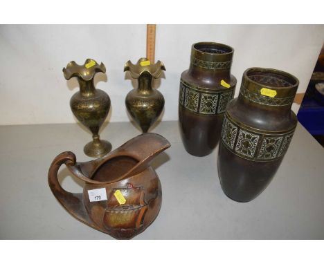 An Art Deco style pottery jug, two metal vases, further ceramic items