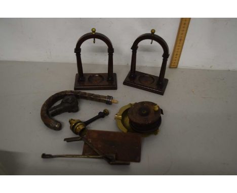 A box containing a quantity of metal wares including a metal dogs head for walking stick attachment, also a vintage fishing r