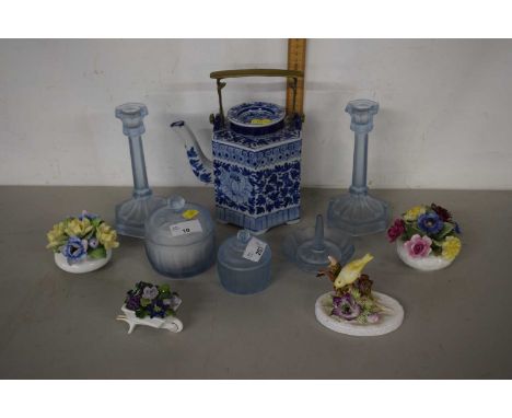 Various ceramic and glass items including Royal Adderley flowers, tea kettle with blue and white design etc