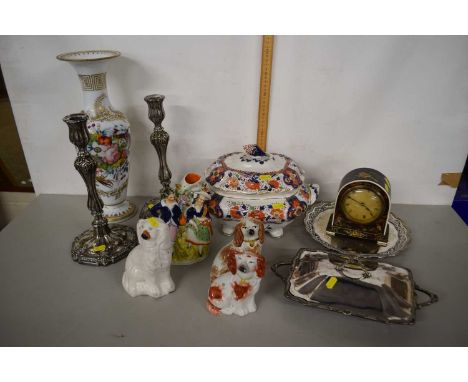 A large Booths tureen and cover in Imari style,  a lacquered mantel clock, Staffordshire figures, a pair of plated candlestic