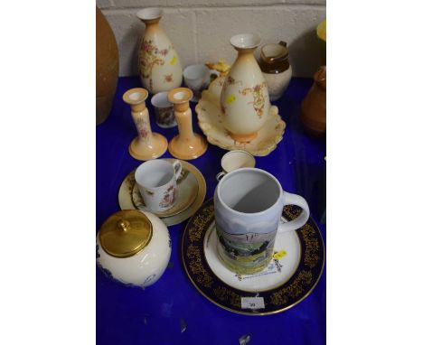 Mixed group of ceramics including Crown Ducal ware, pair of vases, small bowl, Adams pottery jug with hunting scene, Royal Do