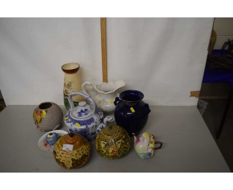 Group of ceramic items, painted glass vase, large ceramic blue and white kettle, small Chinese vase etc