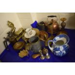 Group of metal wares, candlesticks, copper kettle and a Bisto ceramic jug