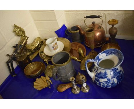 Group of metal wares, candlesticks, copper kettle and a Bisto ceramic jug