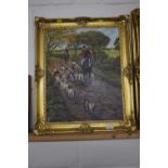 Oil on canvas of a hunting scene in gilt frame