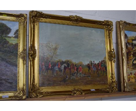 Further oil on canvas of a hunting scene in gilt frame signed lower right for Vecsey