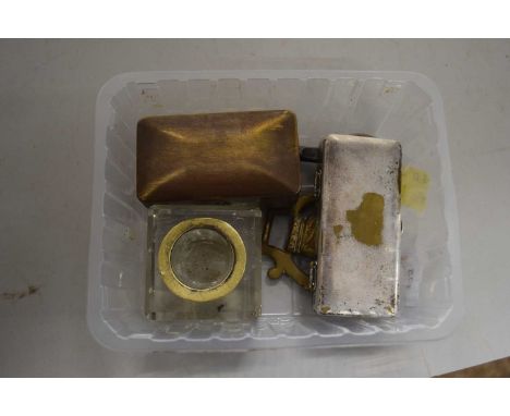 Small plastic box containing a quantity of metal wares, also a glass inkwell and horse brass for Victoria's Jubilee 1887