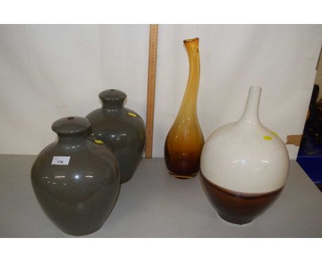 Group of two ceramic lamps, further glass vase and further vase