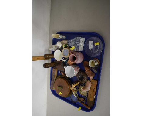 Tray containing a quantity of various items of ceramic, glass items, vintage tape measure made by John Rabone &amp; Sons, Bir
