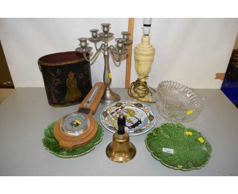Mixed lot of ceramics, metal candelabra, glass bowls and barometer and Majolica style green plates