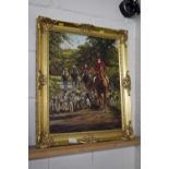 Oil on canvas of a hunting scene, gilt frame