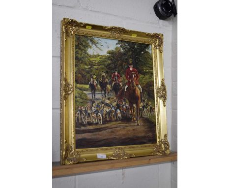 Oil on canvas of a hunting scene, gilt frame