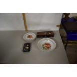 Small pencil Onyx box with mother of pearl inlay and some continental porcelain ribbon plates