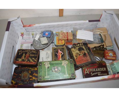 Box containing a quantity of vintage tins, mainly cigarette tins, UK and foreign